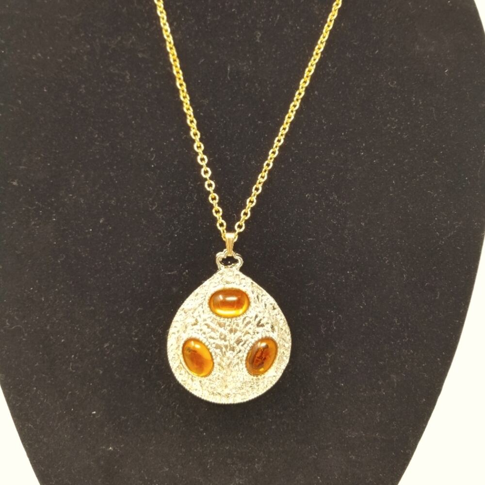 Gold Pendant & Amber Color Stones Necklace Large Pendant with Chain Necklace